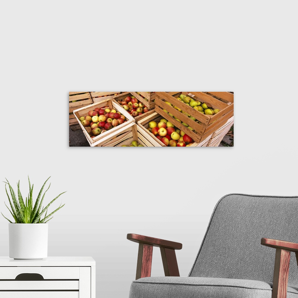 A modern room featuring High angle view of harvested apples in wooden crates, Weinsberg, Baden-Wurttemberg, Germany