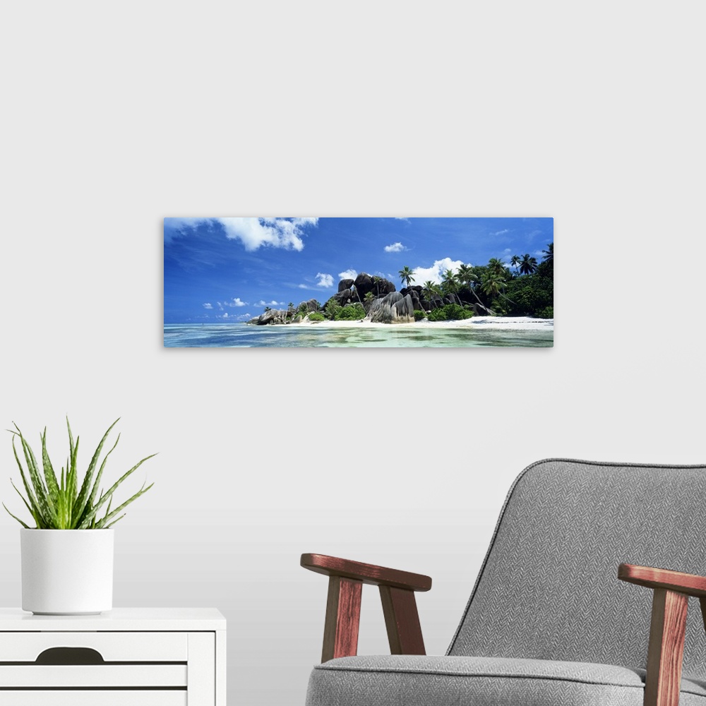 A modern room featuring A panoramic photograph of a tropical beach lined with large boulders and palm trees taken on a su...