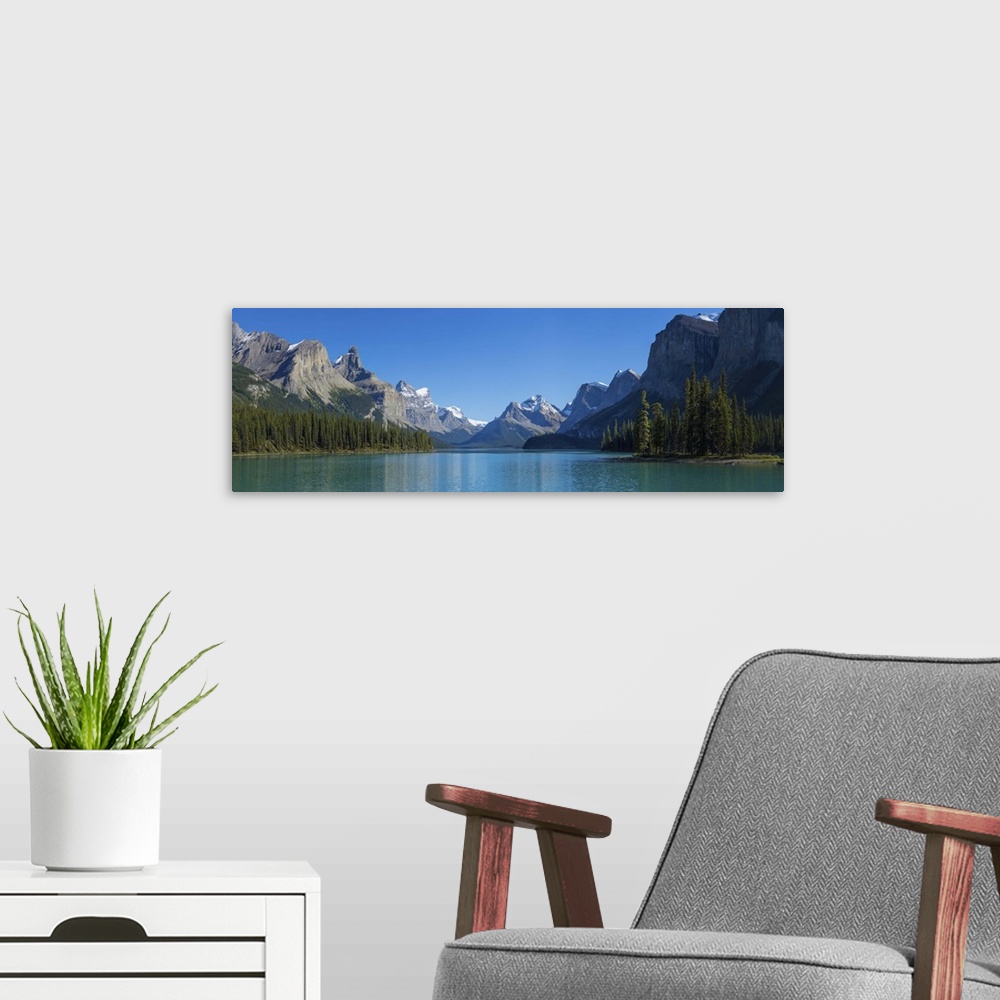 A modern room featuring Maligne Lake with Canadian Rockies, Jasper National Park, Alberta, Canada