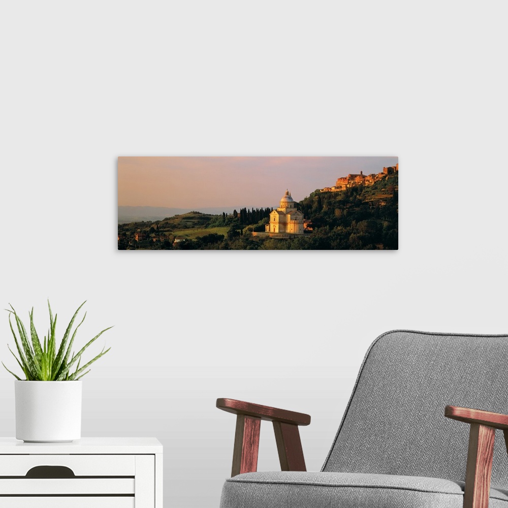 A modern room featuring Panoramic photograph of a medieval and Renaissance hill town and commune in the Italian province ...