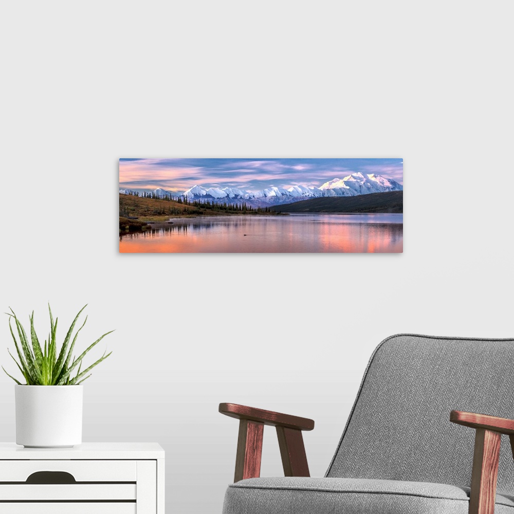 A modern room featuring Panoramic view of Mount Denali, previously known as McKinley from Wonder Lake, Denali National Pa...