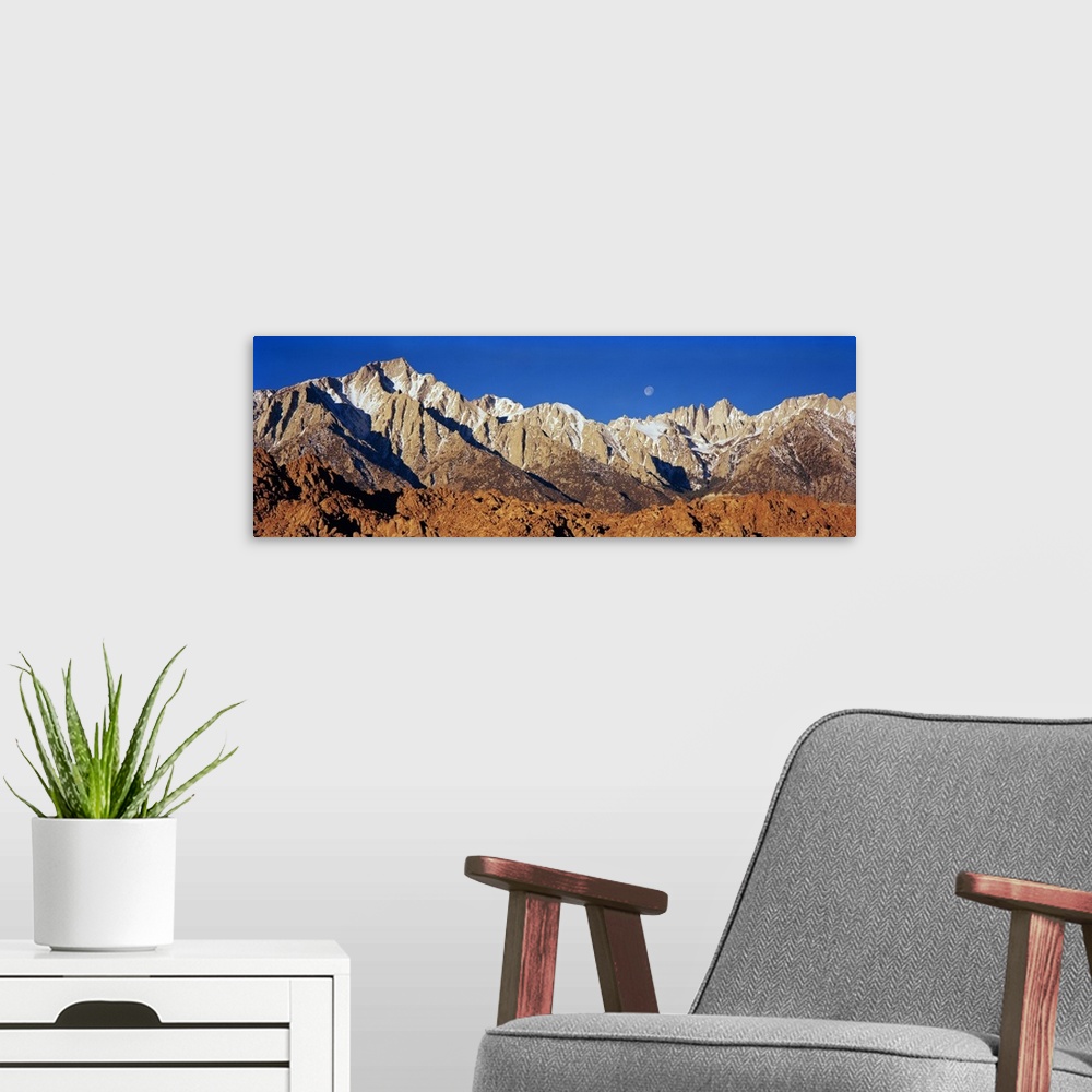 A modern room featuring Rock formations on a mountain range, Moonset over Mt Whitney, Lone Pine, California
