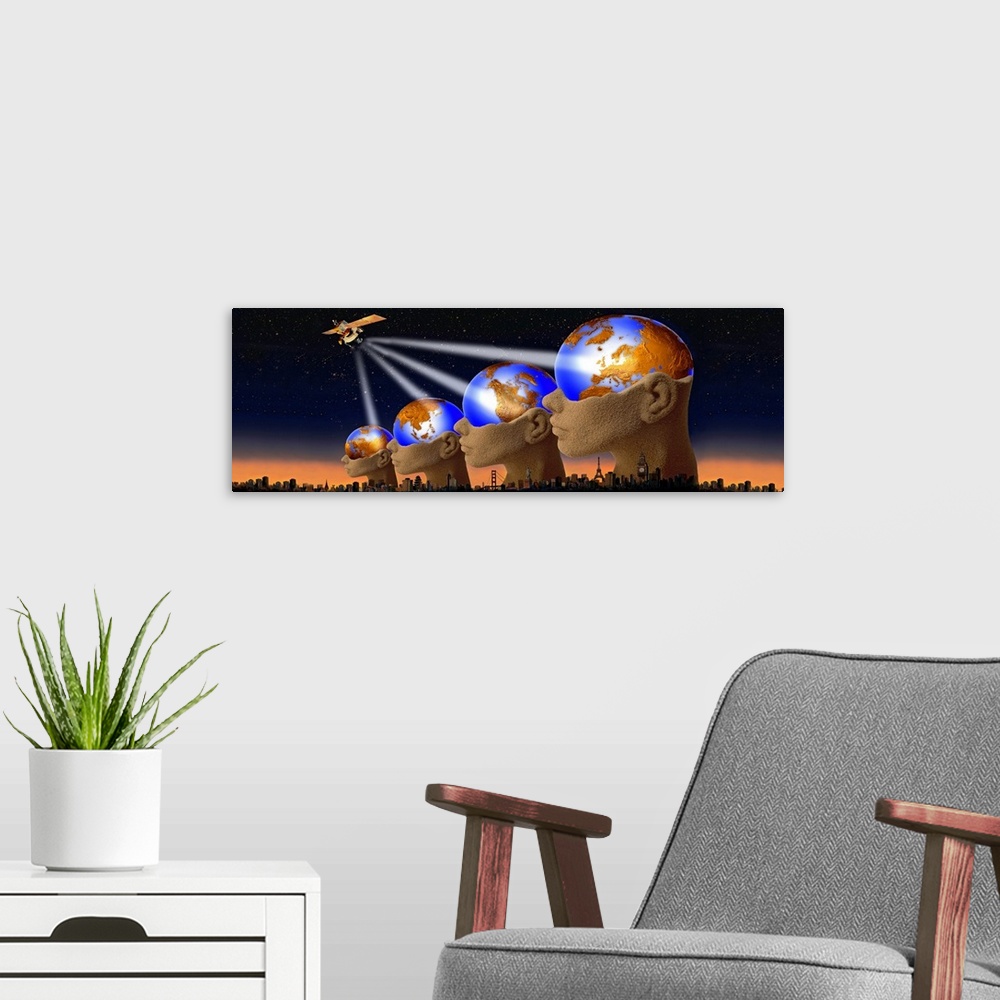 A modern room featuring Satellite transmission over world cities with four globe heads