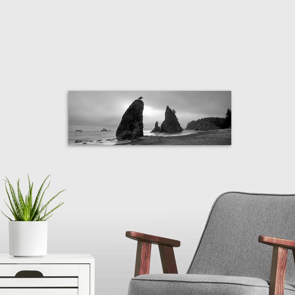 A modern room featuring Silhouette of seastacks at sunset, Olympic National Park, Washington State