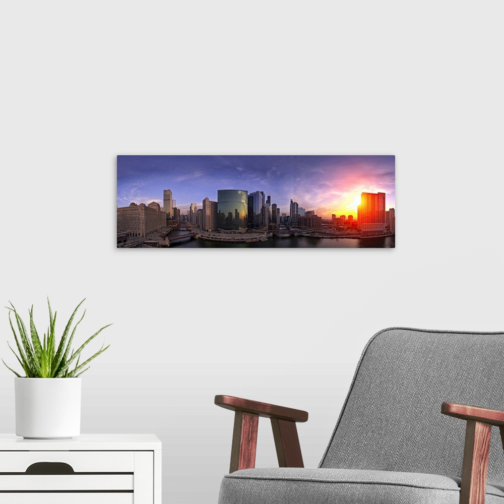A modern room featuring Skylines in the city at dusk, Chicago, Cook County, Illinois