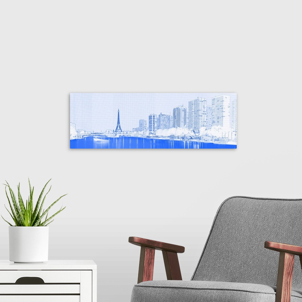 A modern room featuring Skyscraper at the waterfront with Eiffel Tower in the background, Seine River, Paris, France