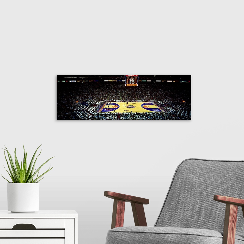 A modern room featuring Spectators watching a basketball game, NBA 1995 All-Star Game, US Airways Center, Phoenix, Marico...