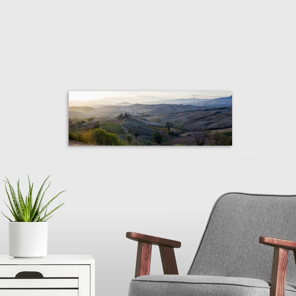 A modern room featuring Valley at sunrise, Val d'Orcia, Tuscany, Italy