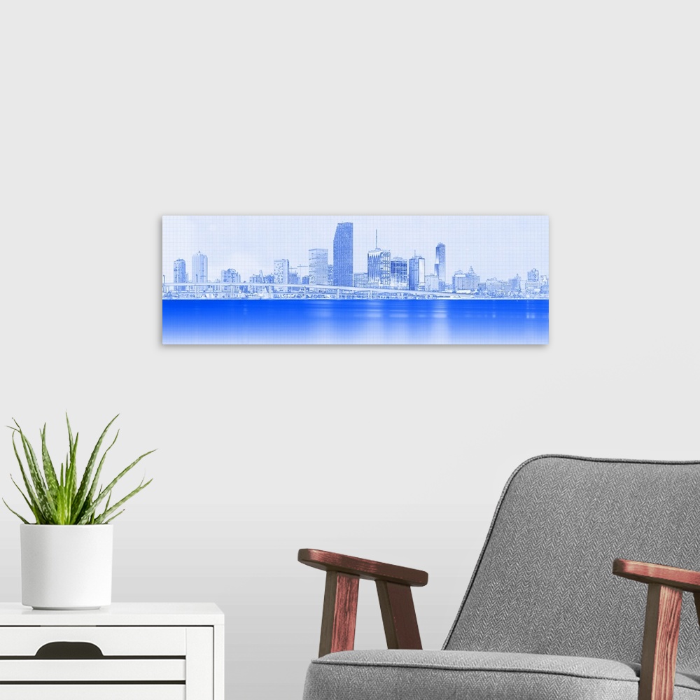 A modern room featuring View of skylines at night, Miami, Florida, USA