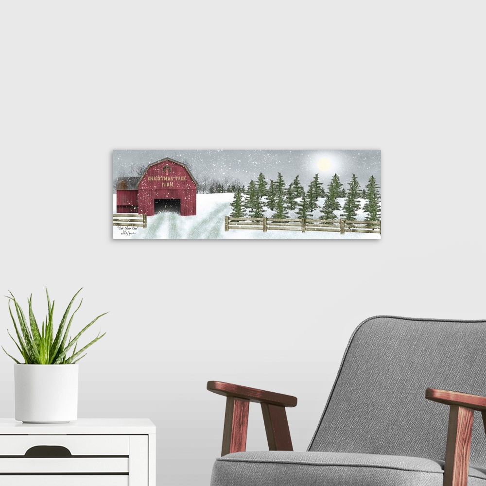 A modern room featuring Contemporary artwork of a countryside landscape with the title, Cut Your Own, in the bottom left ...