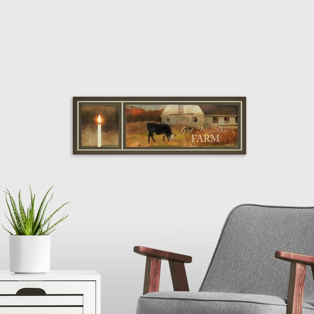 A modern room featuring Faith-based artwork of a cow grazing in front of a white barn with a lit candle in the foreground.