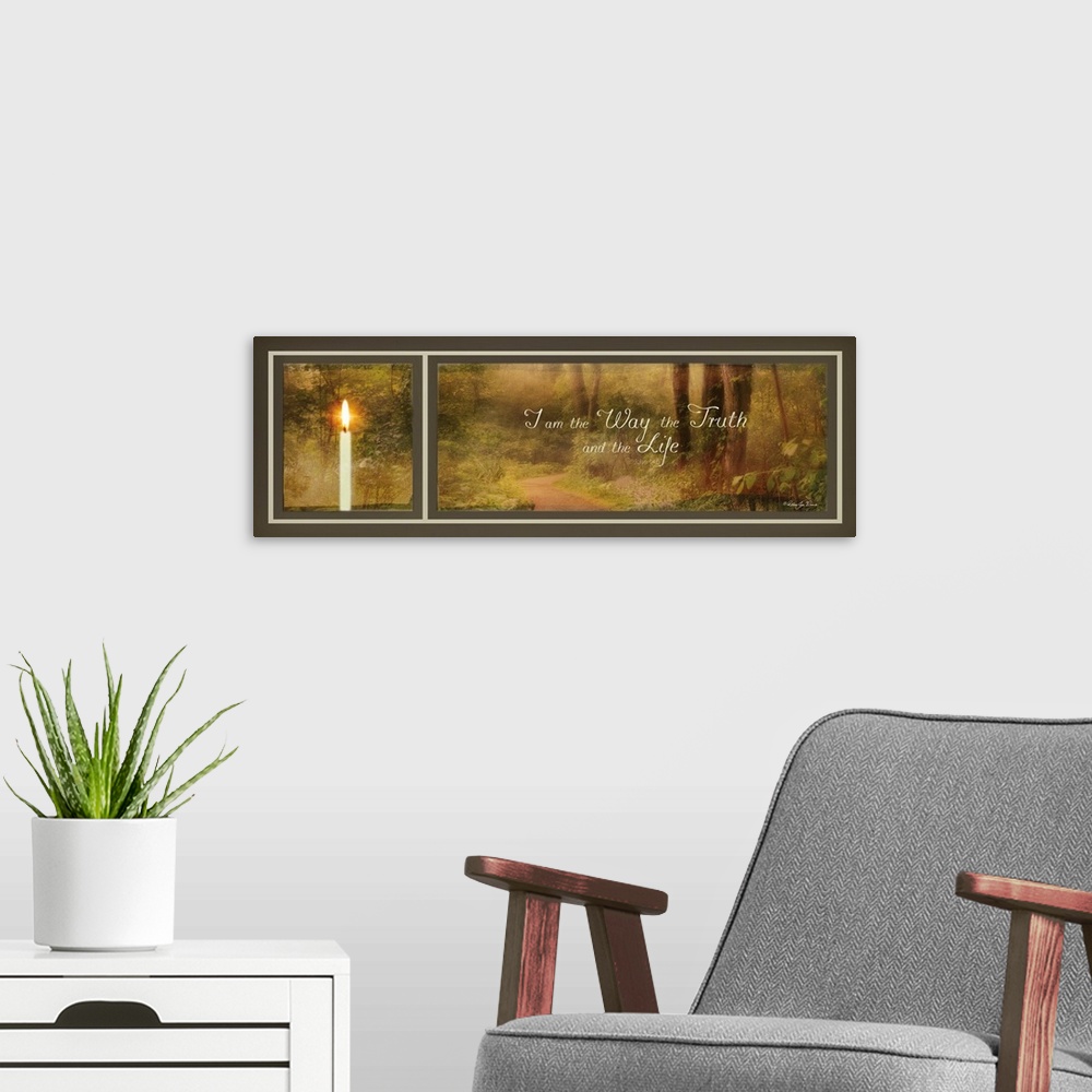 A modern room featuring Faith-based artwork of a peaceful forest scene with a lit candle in the foreground.