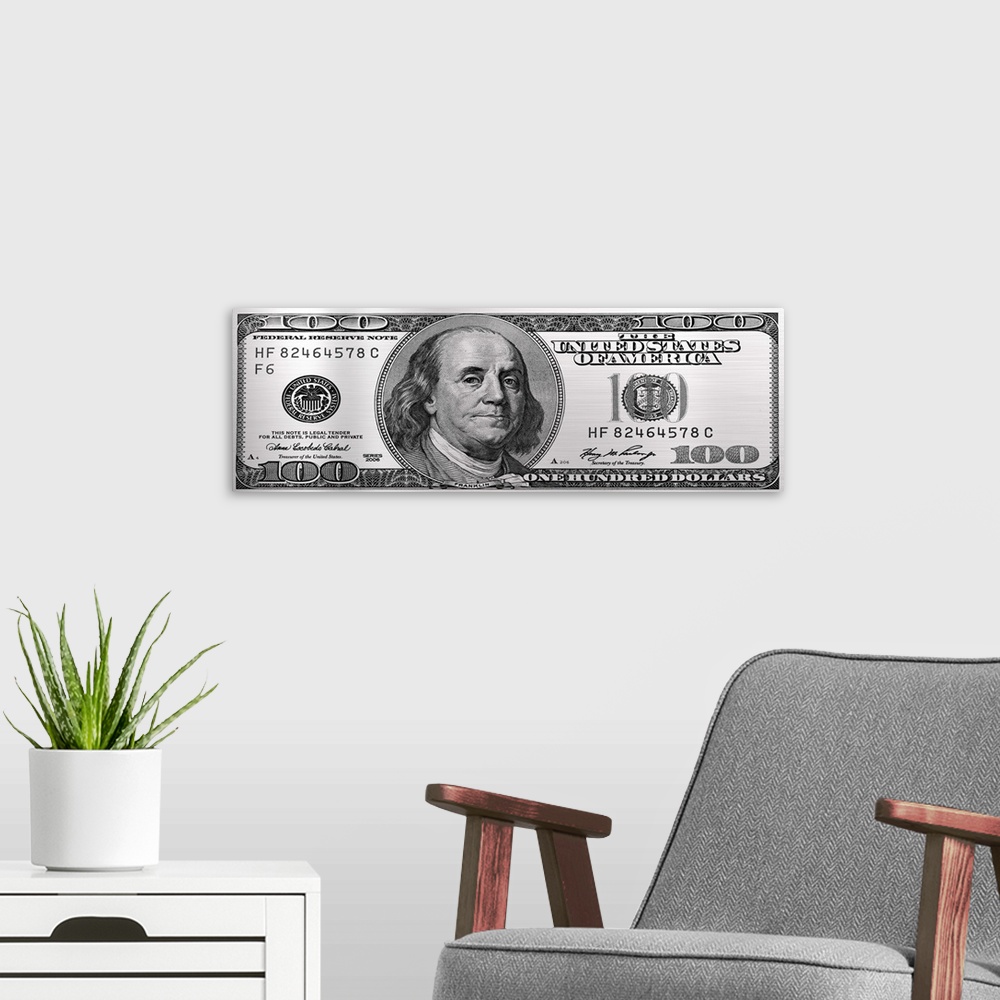 A modern room featuring The one hundred dollar bill in platinum.