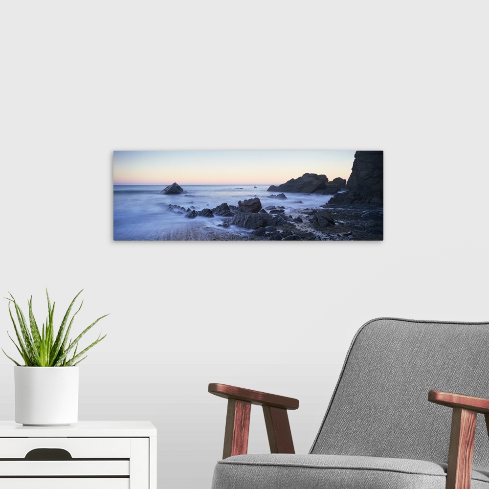 A modern room featuring Sandymouth at dawn with incoming tide, Sandymouth, Cornwall, England