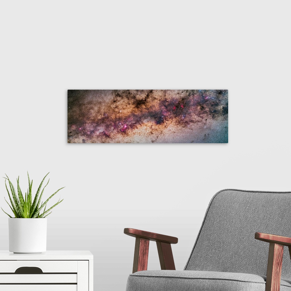 A modern room featuring A mosaic panorama of the rich galactic centre region of the Milky Way.