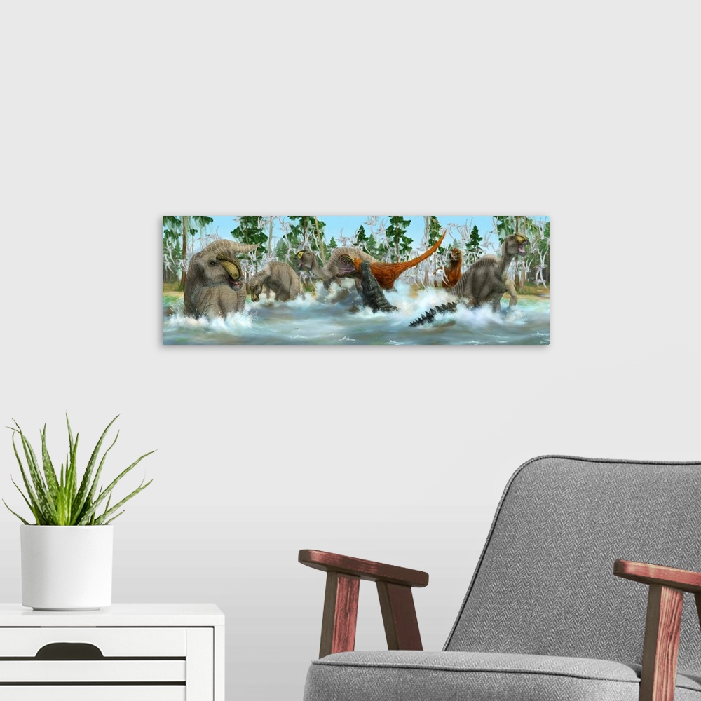 A modern room featuring Deinosuchus and Bistahieversor attack a herd of migrating Anasazisaurus.