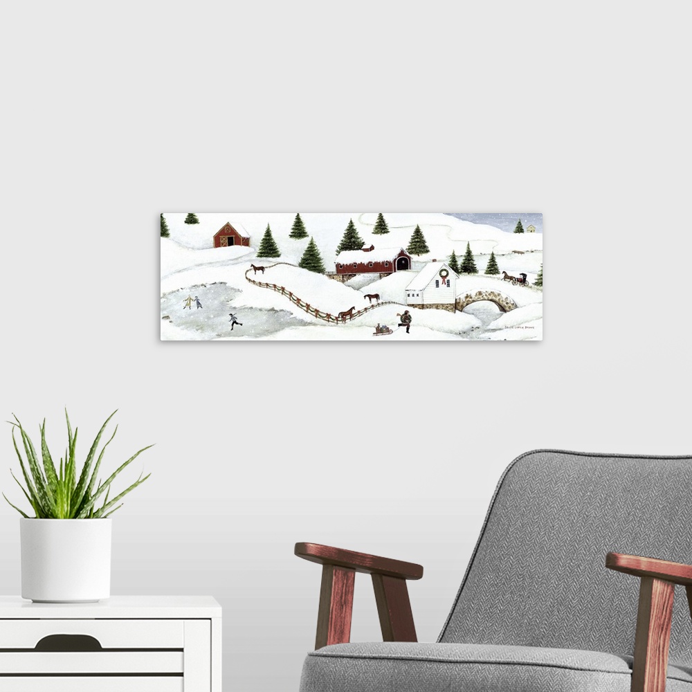 A modern room featuring Contemporary painting of an idyllic winter scene.