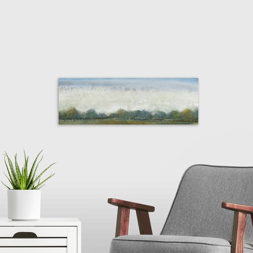 A modern room featuring Contemporary landscape painting of an open field with trees along the edge.