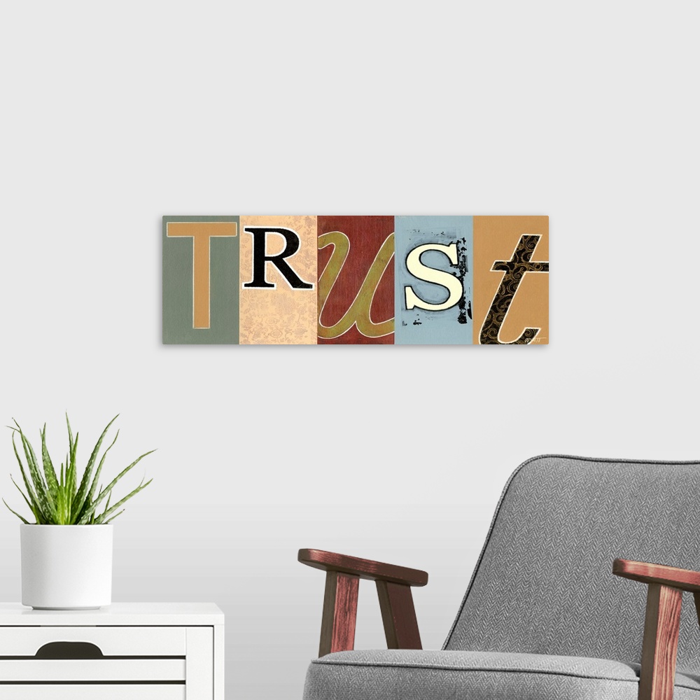 A modern room featuring Decorative image of the word "Trust" with each letter painted in a different font and color.