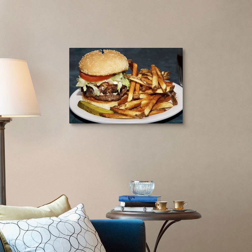 Double burger served with french fries and a slice pickle Wall Art ...