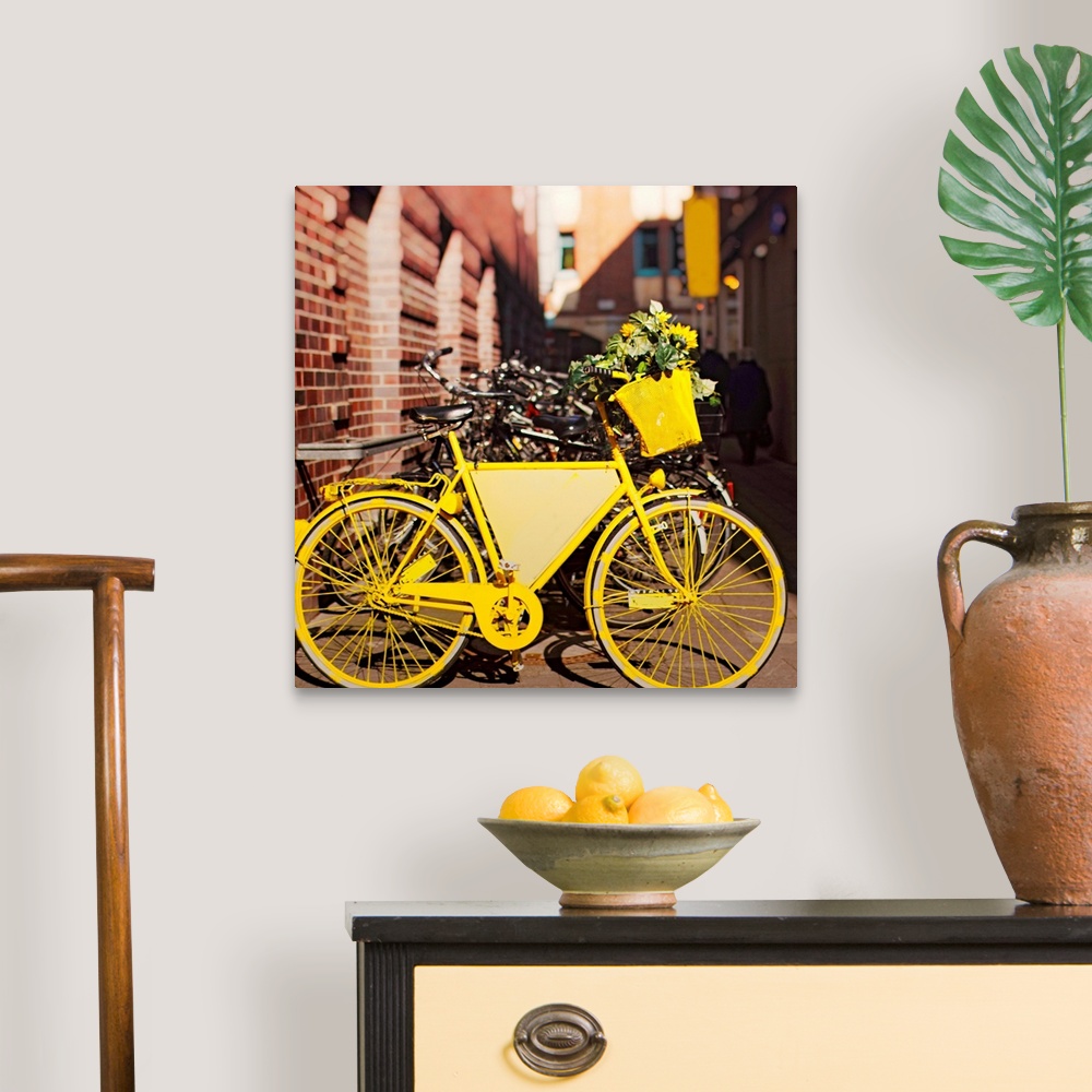 Yellow bike with sunflowers parked outside. Wall Art, Canvas Prints ...