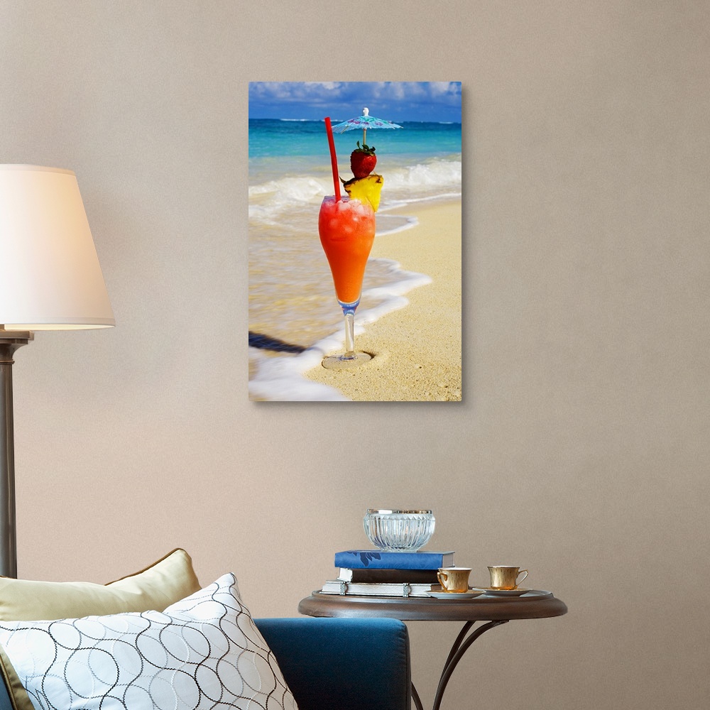 A Tropical Cocktail On The Beach Wave Washing On The Sand Wall Art Canvas Prints Framed 8147