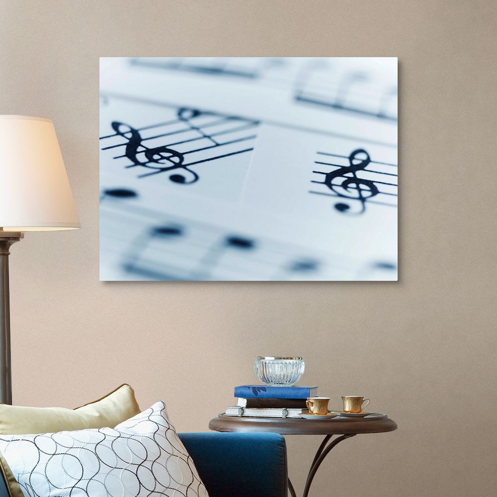 Treble clef and musical notes on music sheets Wall Art, Canvas Prints ...