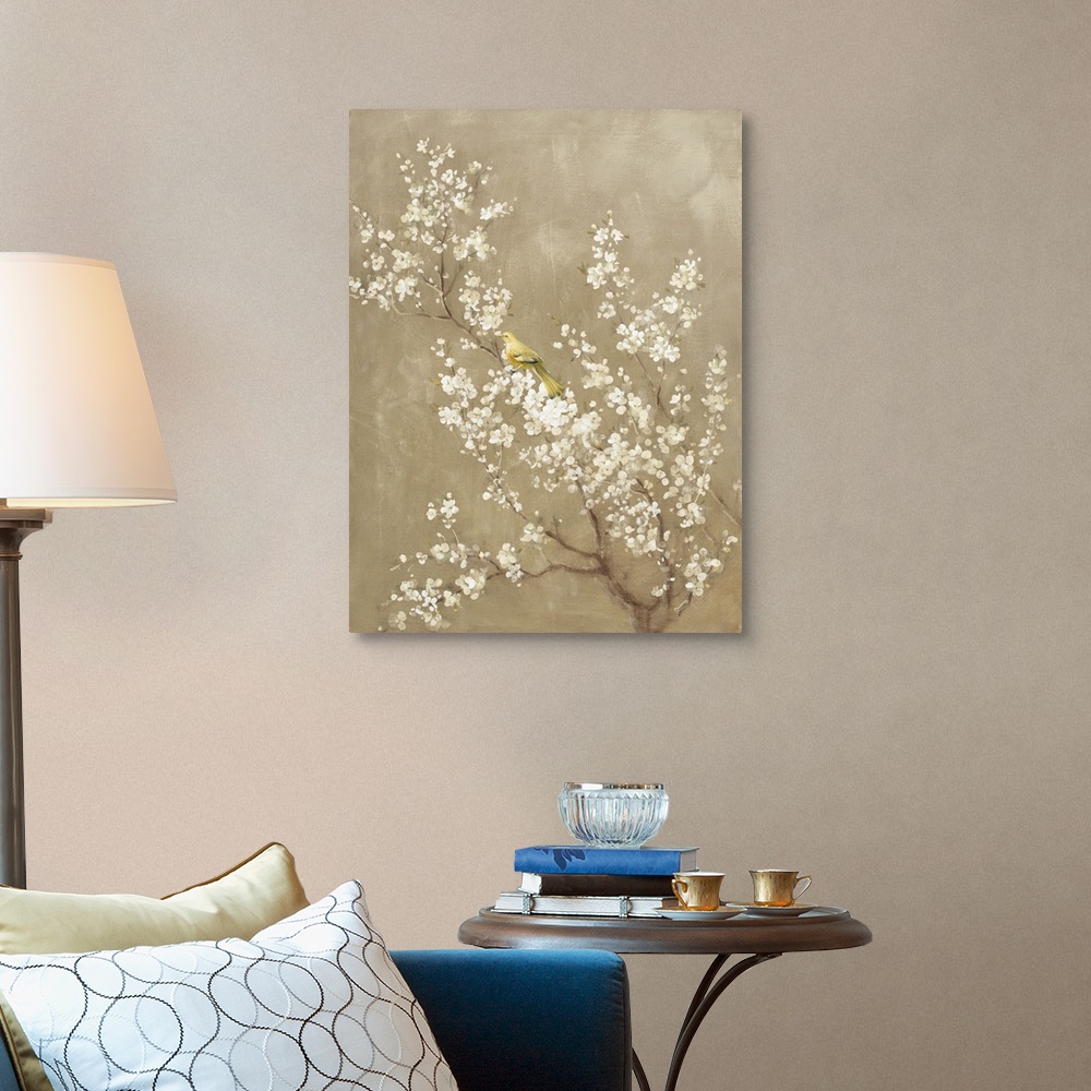 White Cherry Blossom II Neutral Crop Bird Wall Art, Canvas Prints ...