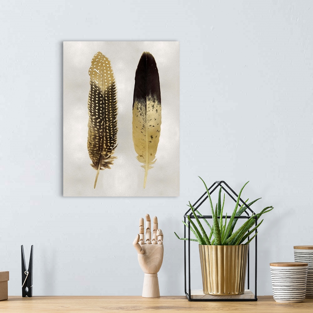 Gold Feather Pair on Silver | Large Solid-Faced Canvas Wall Art Print | Great Big Canvas