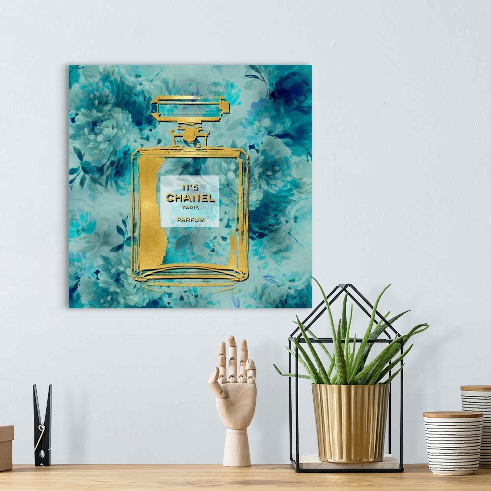 Gold Perfume on Aqua Flowers Wall Art, Canvas Prints, Framed