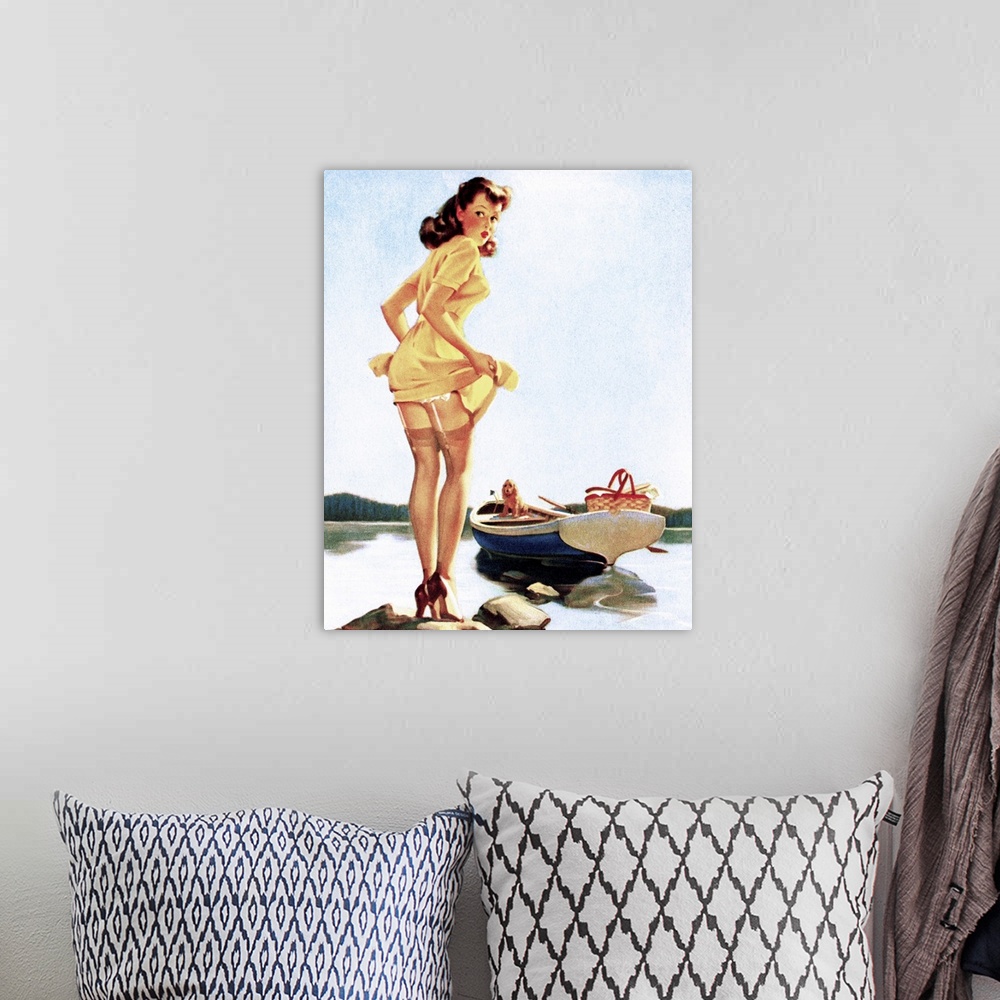 Gone Fishing Pin Up Girl | Large Solid-Faced Canvas Wall Art Print | Great Big Canvas