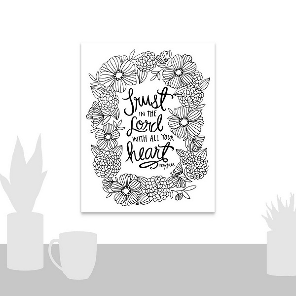A scale-illustration room featuring Trust In The Lord With All Your Heart Handlettered Coloring