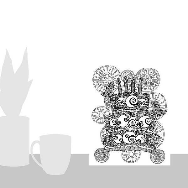 A scale-illustration room featuring Birthday Cake Birds - Black And White