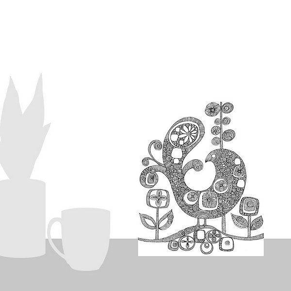 A scale-illustration room featuring Folk Bird - Black And White
