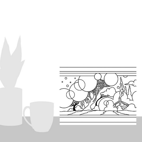 A scale-illustration room featuring Circle Tree Landscape Line Art