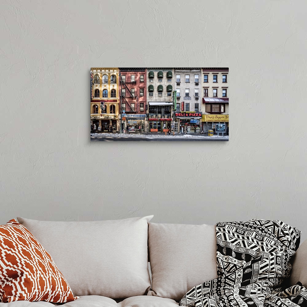 A bohemian room featuring New York cityscape photograph of a row of shops on a cold winter's day.