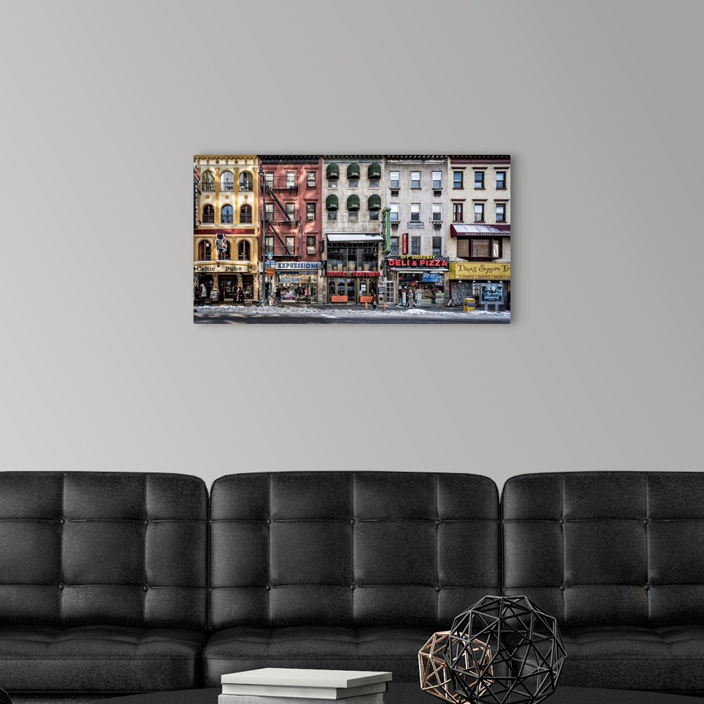 A modern room featuring New York cityscape photograph of a row of shops on a cold winter's day.