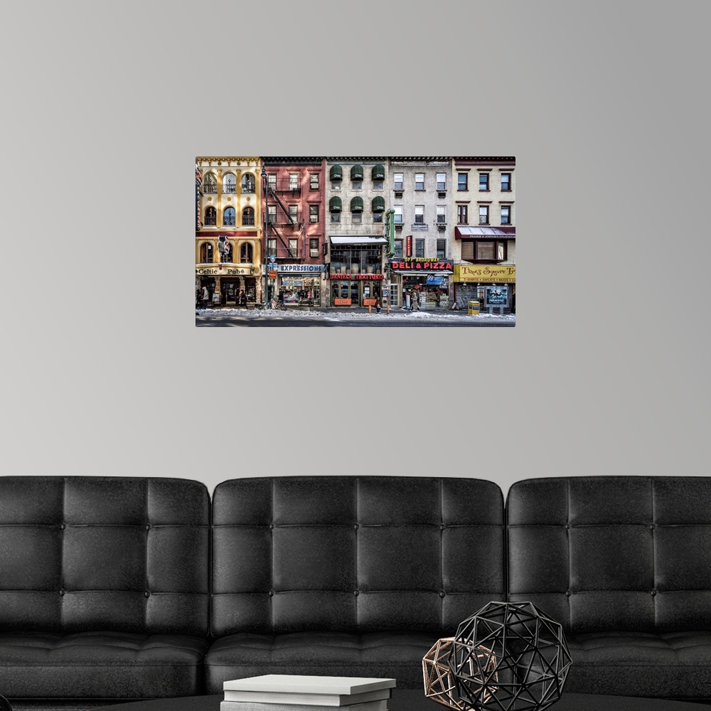 A modern room featuring New York cityscape photograph of a row of shops on a cold winter's day.