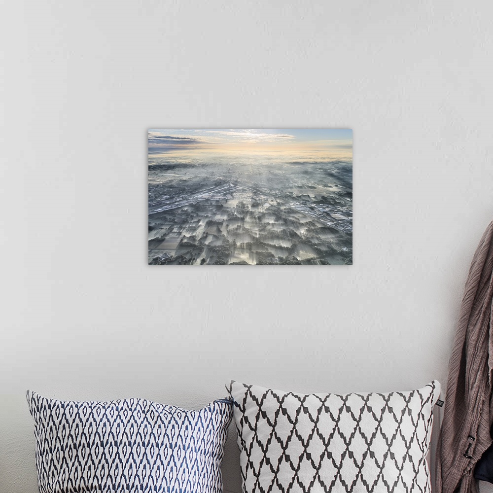 A bohemian room featuring Aerial photograph of a misty morning over the Netherlands.