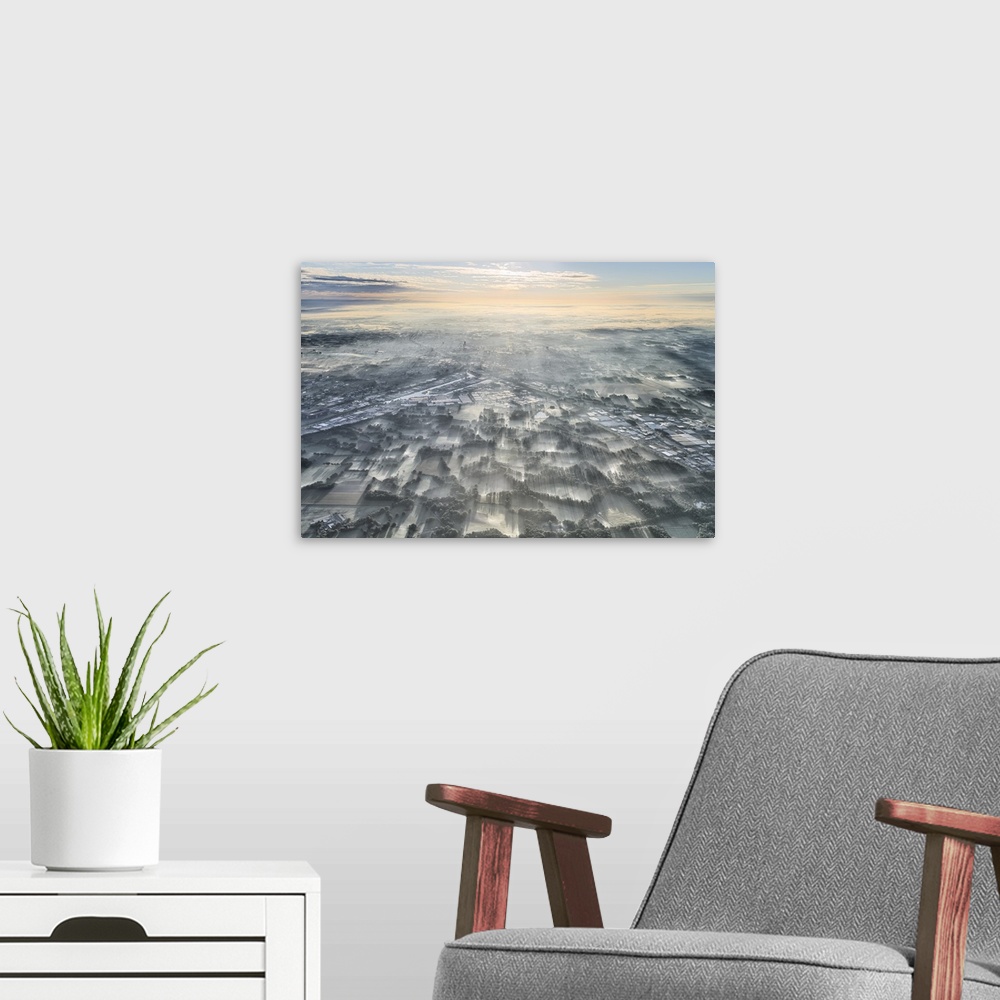 A modern room featuring Aerial photograph of a misty morning over the Netherlands.