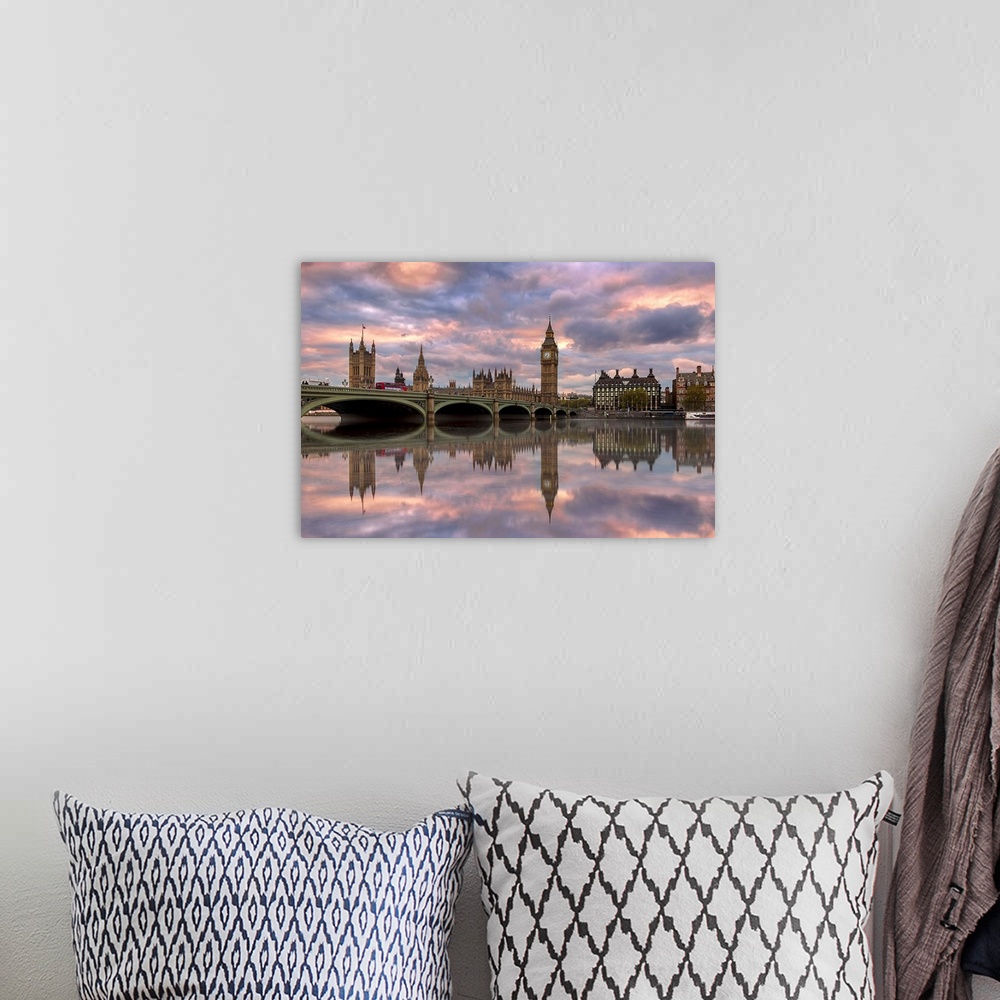 A bohemian room featuring Sunset photograph of the Westminster Bridge with Big Ben and the House of Parliament in the backg...