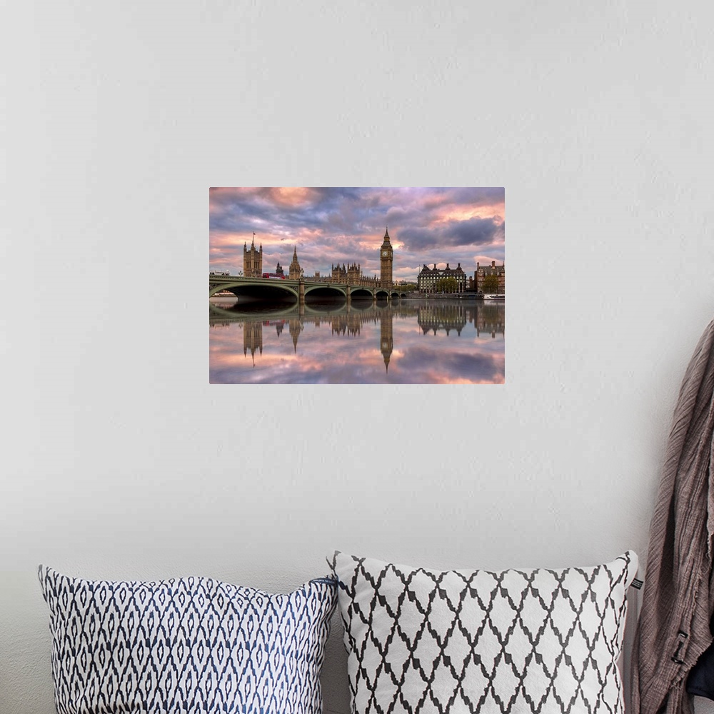 A bohemian room featuring Sunset photograph of the Westminster Bridge with Big Ben and the House of Parliament in the backg...