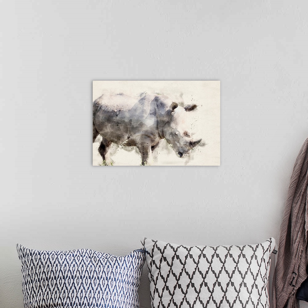 A bohemian room featuring Abstract African Rhinoceros Watercolor