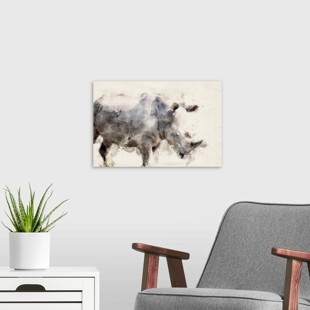A modern room featuring Abstract African Rhinoceros Watercolor