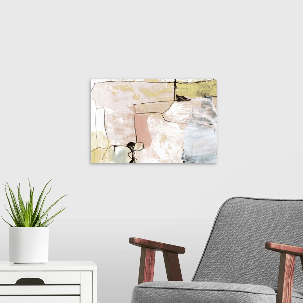 A modern room featuring A blocky contemporary abstract painting with rectangular shapes in pastel shades highlighted with...