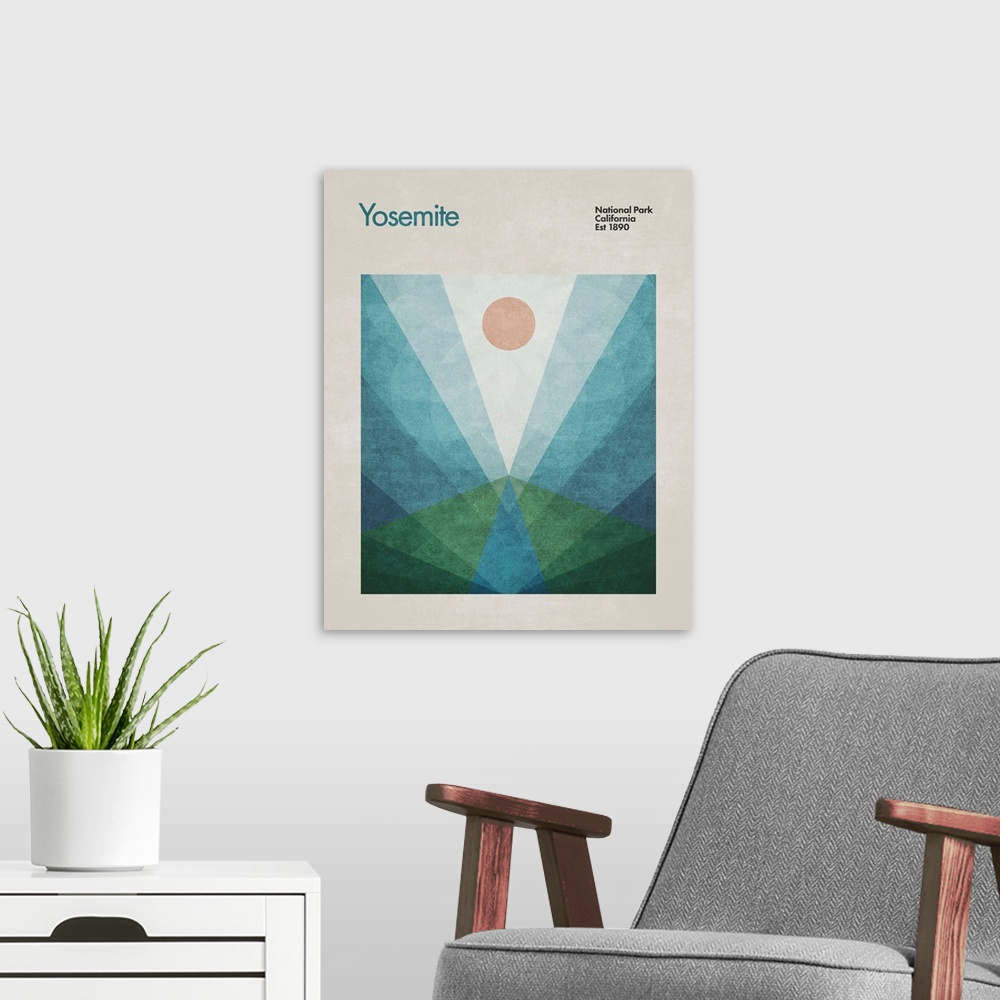 A modern room featuring A contemporary graphic travel poster advertising Yosemite National Park in california