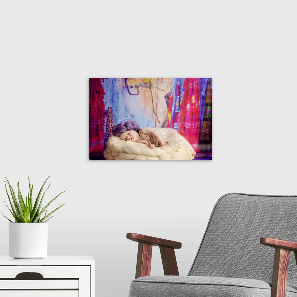 A modern room featuring Portrait of a newborn baby holding a genie's lamp and wearing a yarn turban.
