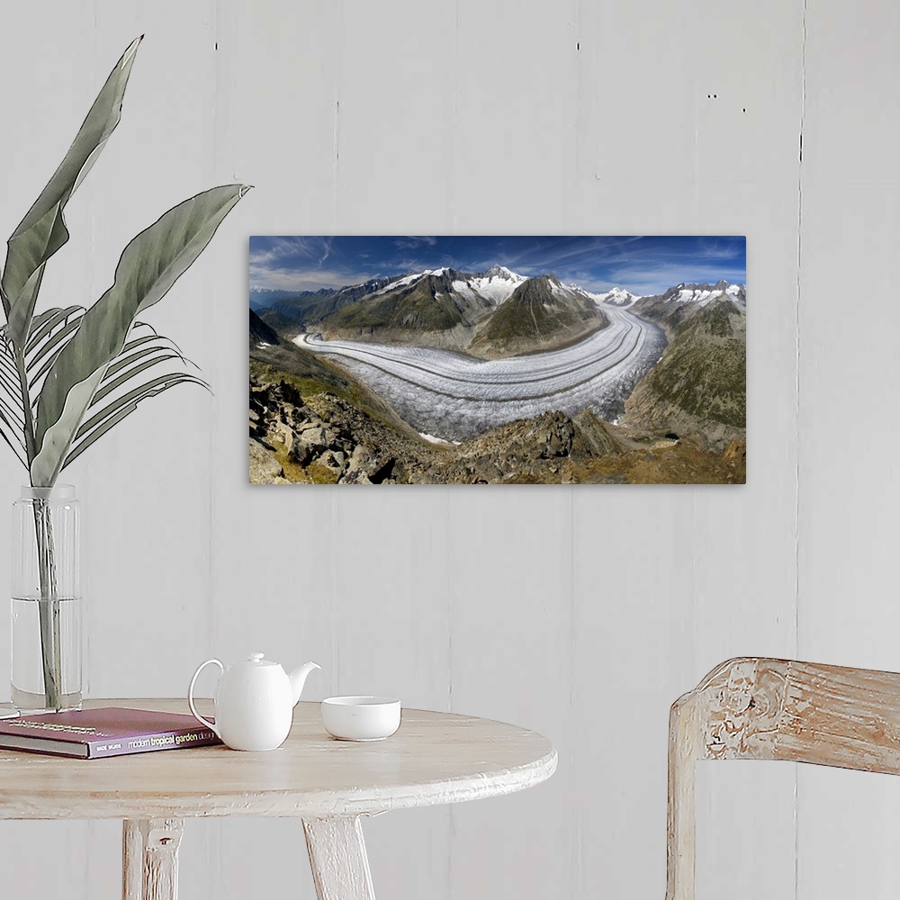 A farmhouse room featuring Trail of ice left by years of glacial movement in the Aletsch Glacier Range, Switzerland.