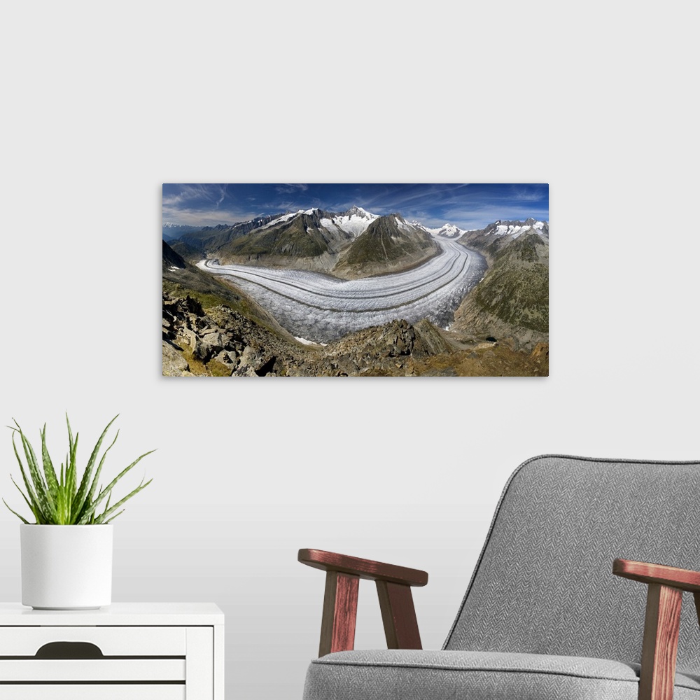 A modern room featuring Trail of ice left by years of glacial movement in the Aletsch Glacier Range, Switzerland.