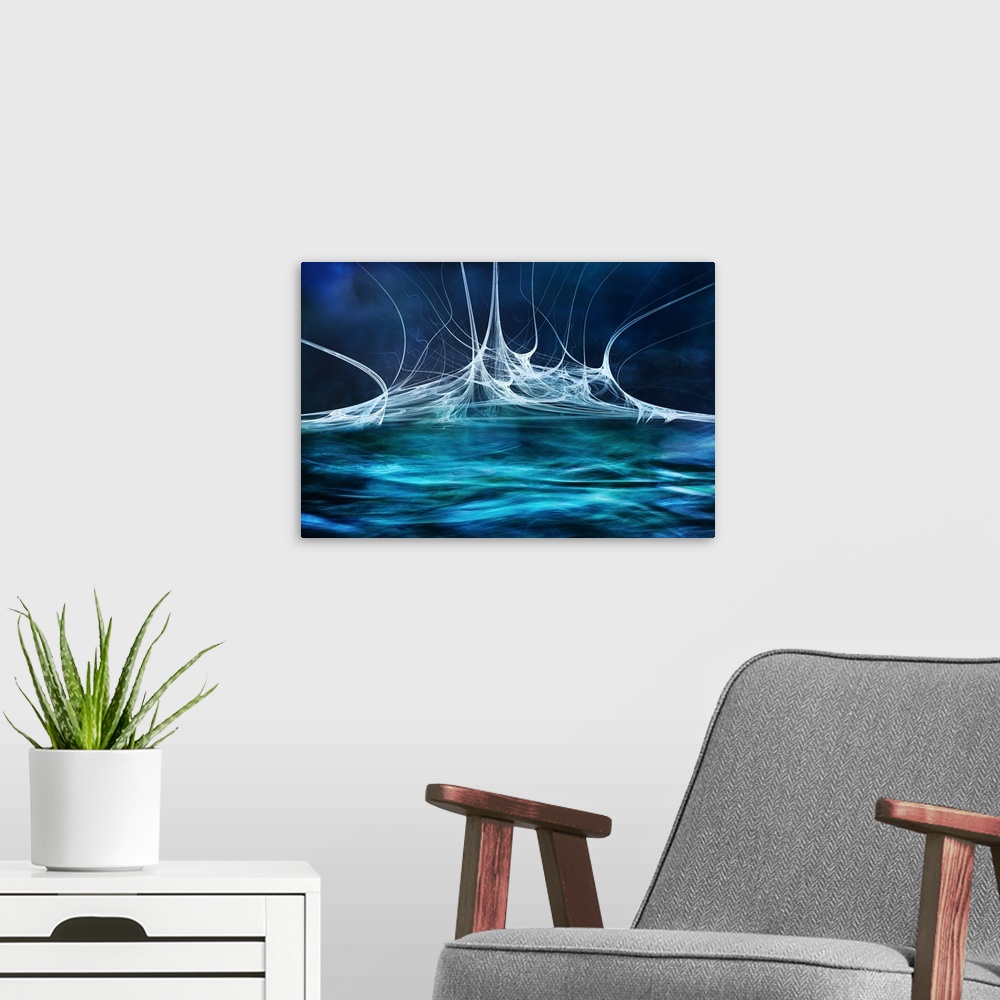 A modern room featuring Abstract digital art with blue, green, and white hues resembling water splashing.